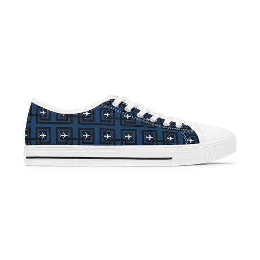 Navy blue white airplanes Women's Low Top Sneakers