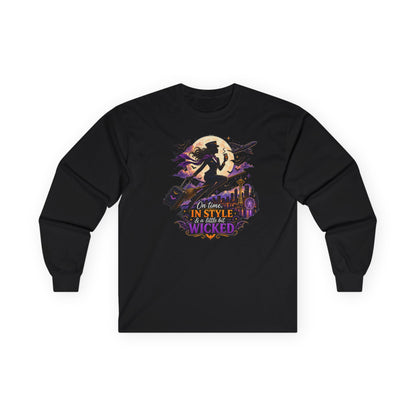 Long Sleeve Tee — 'In Time, In Style, Wicked' Halloween Witch Moon Graphic