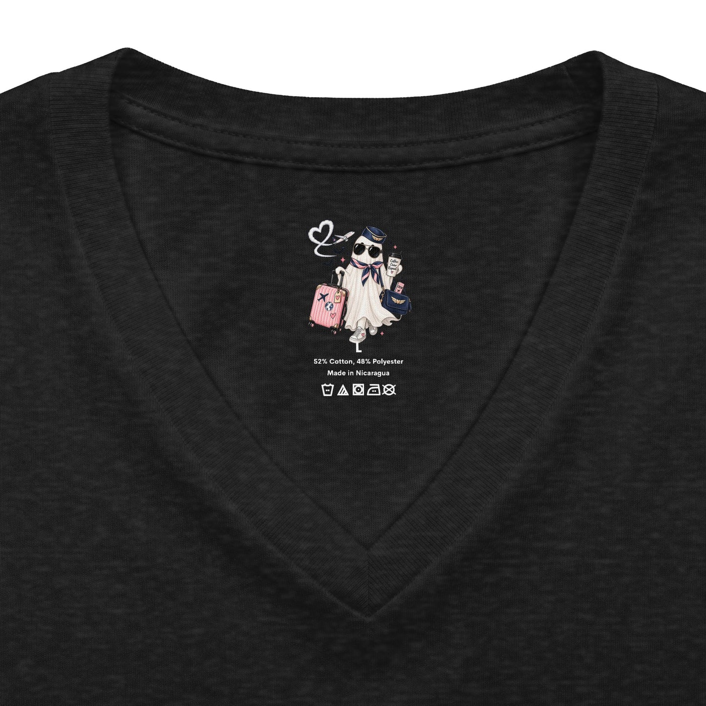 Travel Ghost V-Neck Tee — Cute Flight Attendant Ghost with Luggage Graphic