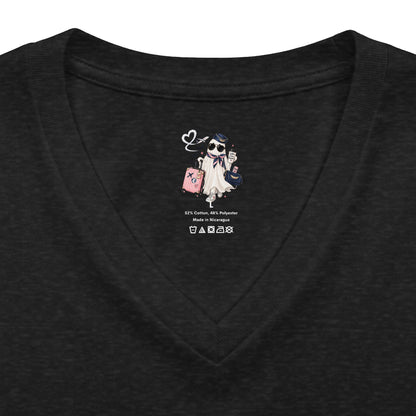 Travel Ghost V-Neck Tee — Cute Flight Attendant Ghost with Luggage Graphic