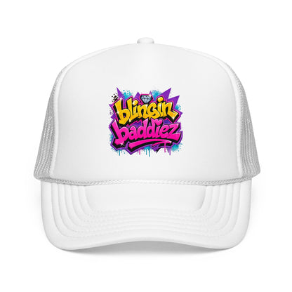 Foam Trucker Hat — "Blingin Baddiez" Colorful Graffiti Logo Cap