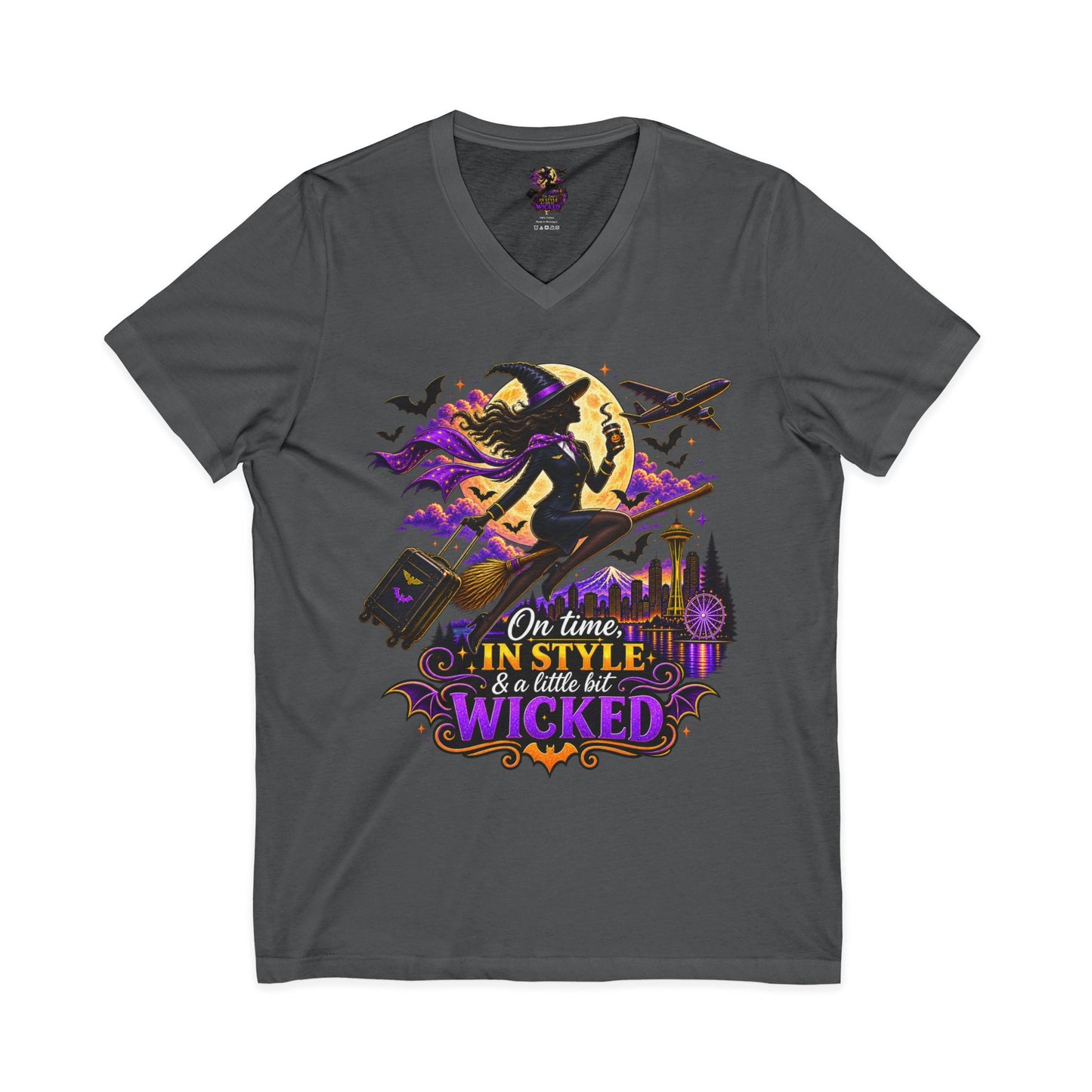 Witchy Halloween V-Neck Tee — "On Time, In Style & A Little Bit Wicked"