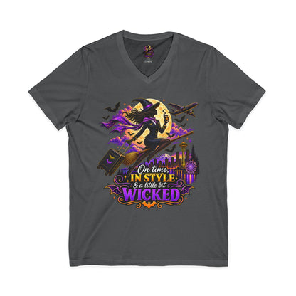 Witchy Halloween V-Neck Tee — "On Time, In Style & A Little Bit Wicked"