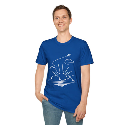 Sunrise Flight T-Shirt | Airplane, Clouds, Sunburst Line Art