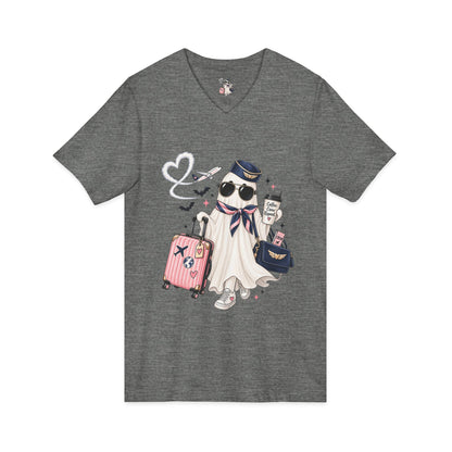 Travel Ghost V-Neck Tee — Cute Flight Attendant Ghost with Luggage Graphic