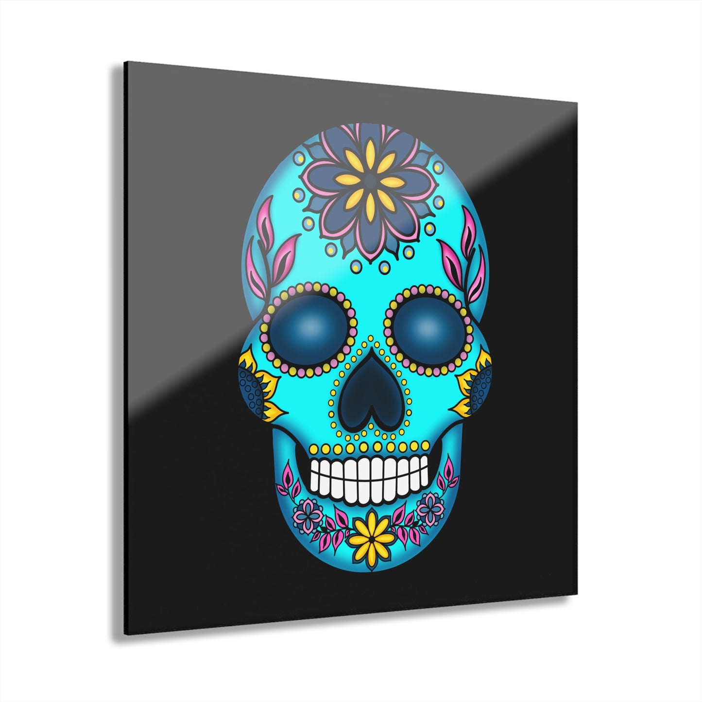 Sugar Skull Acrylic Wall Art Aqua— Vibrant Day of the Dead Skull Print (French Cleat)