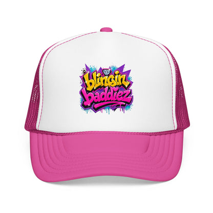 Foam Trucker Hat — "Blingin Baddiez" Colorful Graffiti Logo Cap