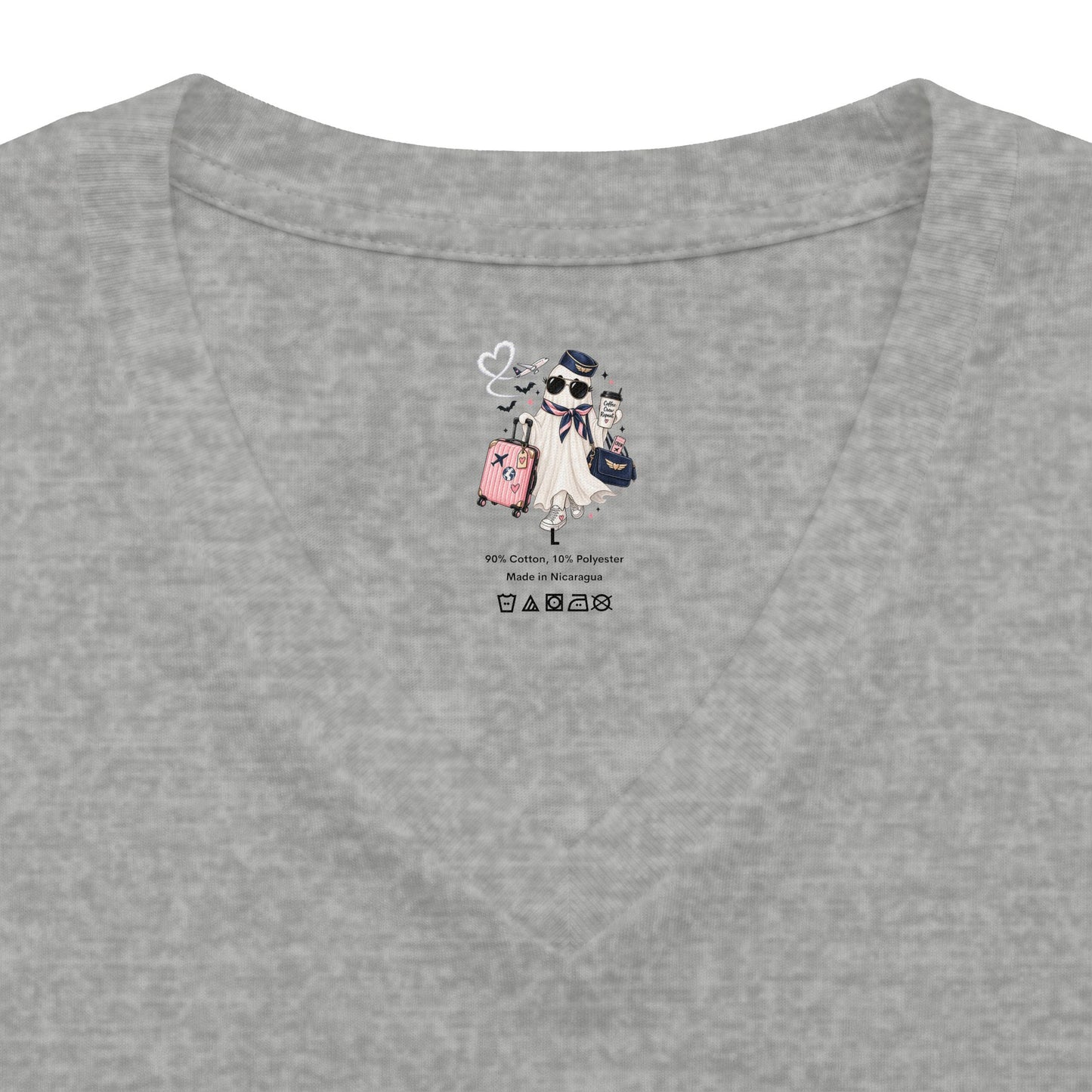 Travel Ghost V-Neck Tee — Cute Flight Attendant Ghost with Luggage Graphic