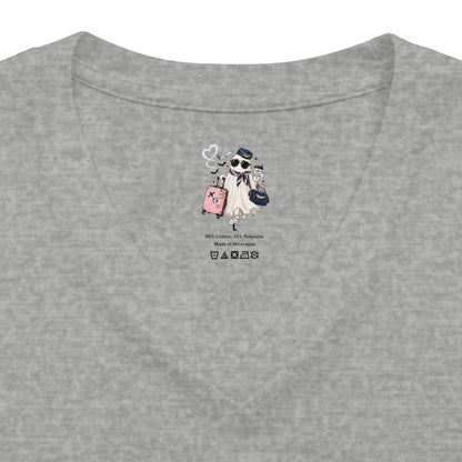 Travel Ghost V-Neck Tee — Cute Flight Attendant Ghost with Luggage Graphic