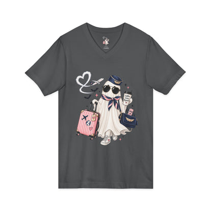 Travel Ghost V-Neck Tee — Cute Flight Attendant Ghost with Luggage Graphic