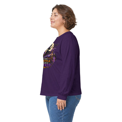 Long Sleeve Tee — 'In Time, In Style, Wicked' Halloween Witch Moon Graphic
