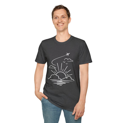 Sunrise Flight T-Shirt | Airplane, Clouds, Sunburst Line Art