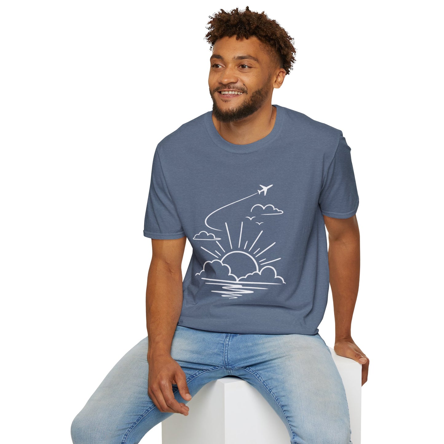 Sunrise Flight T-Shirt | Airplane, Clouds, Sunburst Line Art