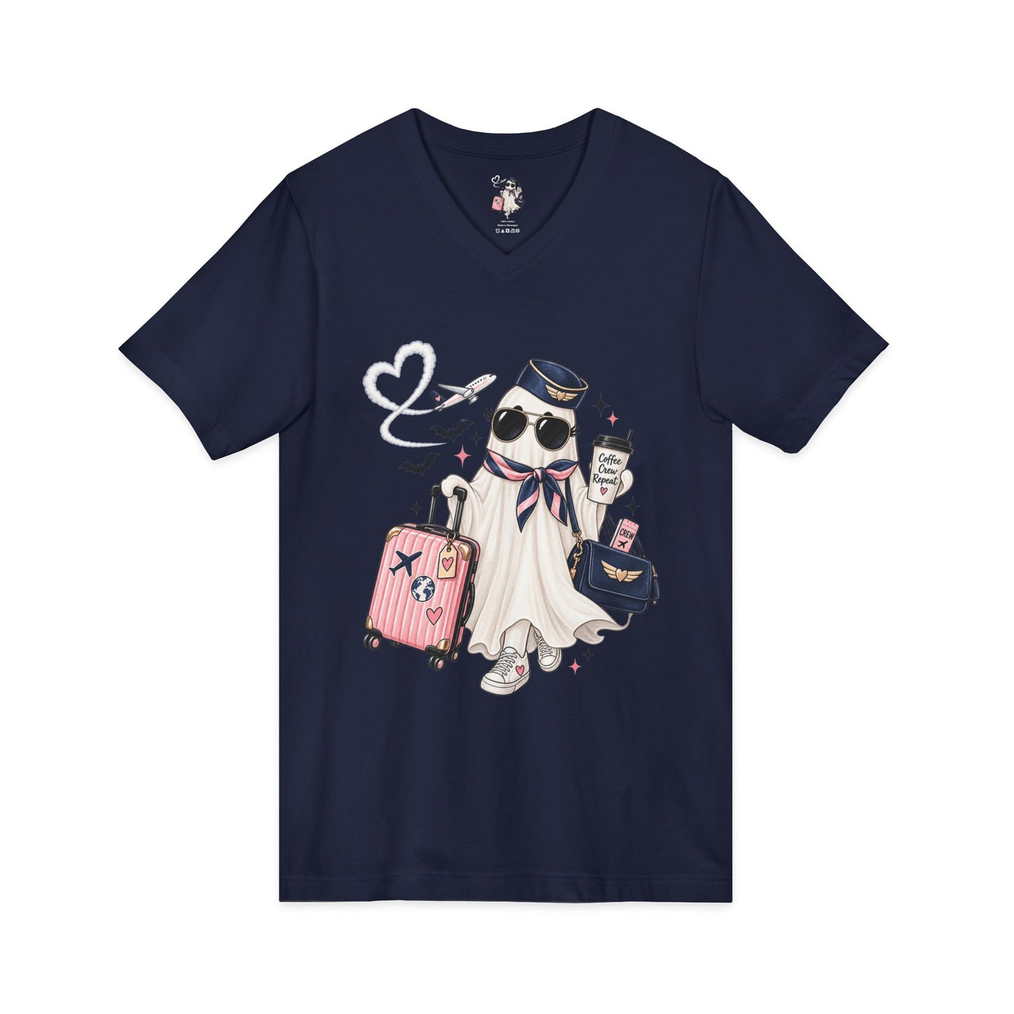 Travel Ghost V-Neck Tee — Cute Flight Attendant Ghost with Luggage Graphic