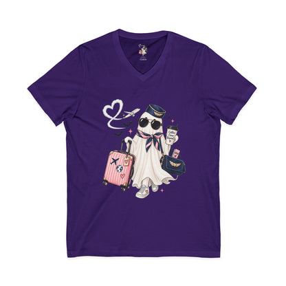 Travel Ghost V-Neck Tee — Cute Flight Attendant Ghost with Luggage Graphic