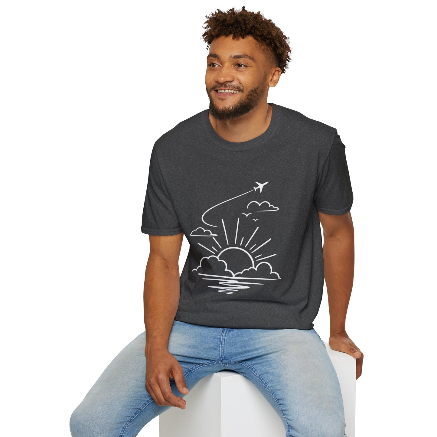 Sunrise Flight T-Shirt | Airplane, Clouds, Sunburst Line Art