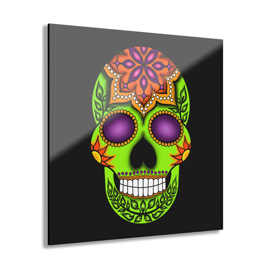Day of the Dead Sugar Skull Acrylic Wall Art - Green (French Cleat)