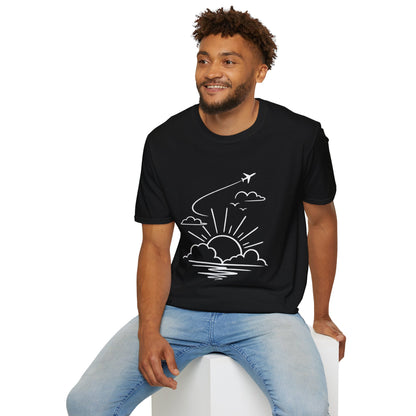 Sunrise Flight T-Shirt | Airplane, Clouds, Sunburst Line Art