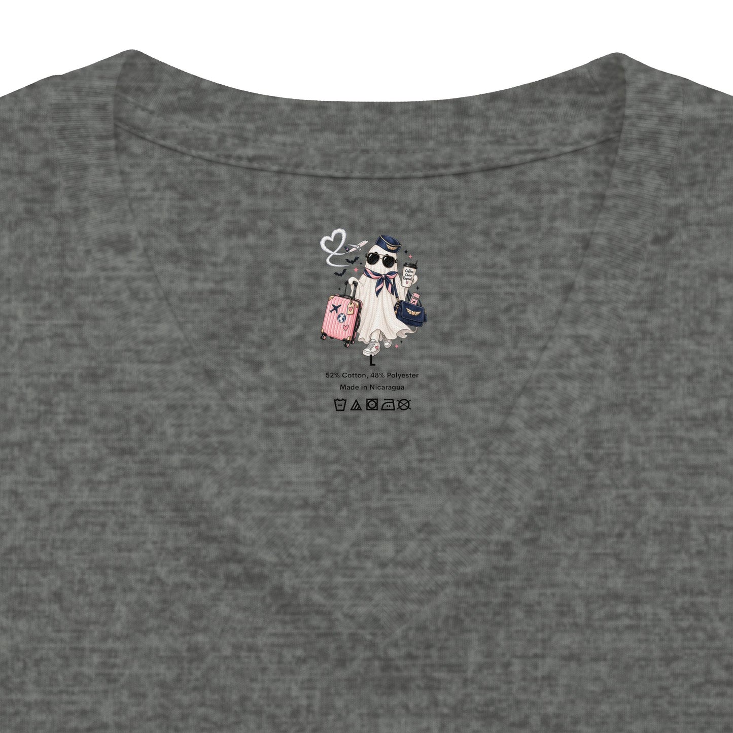 Travel Ghost V-Neck Tee — Cute Flight Attendant Ghost with Luggage Graphic