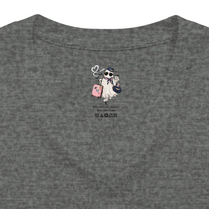 Travel Ghost V-Neck Tee — Cute Flight Attendant Ghost with Luggage Graphic