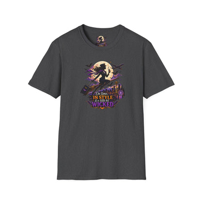 Witch Broom Halloween T‑Shirt — "On Time, In Style, Wicked" Moonlit Witch Design
