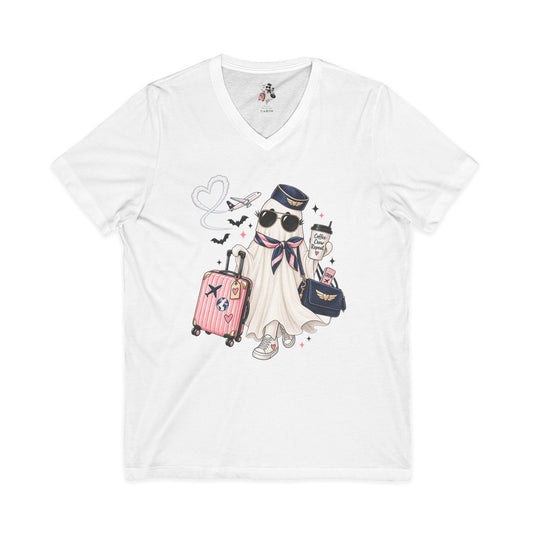 Travel Ghost V-Neck Tee — Cute Flight Attendant Ghost with Luggage Graphic