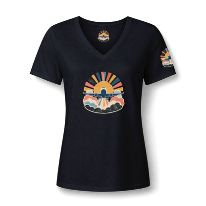 Retro Sunrise Landscape Tee | V-neck Tee
