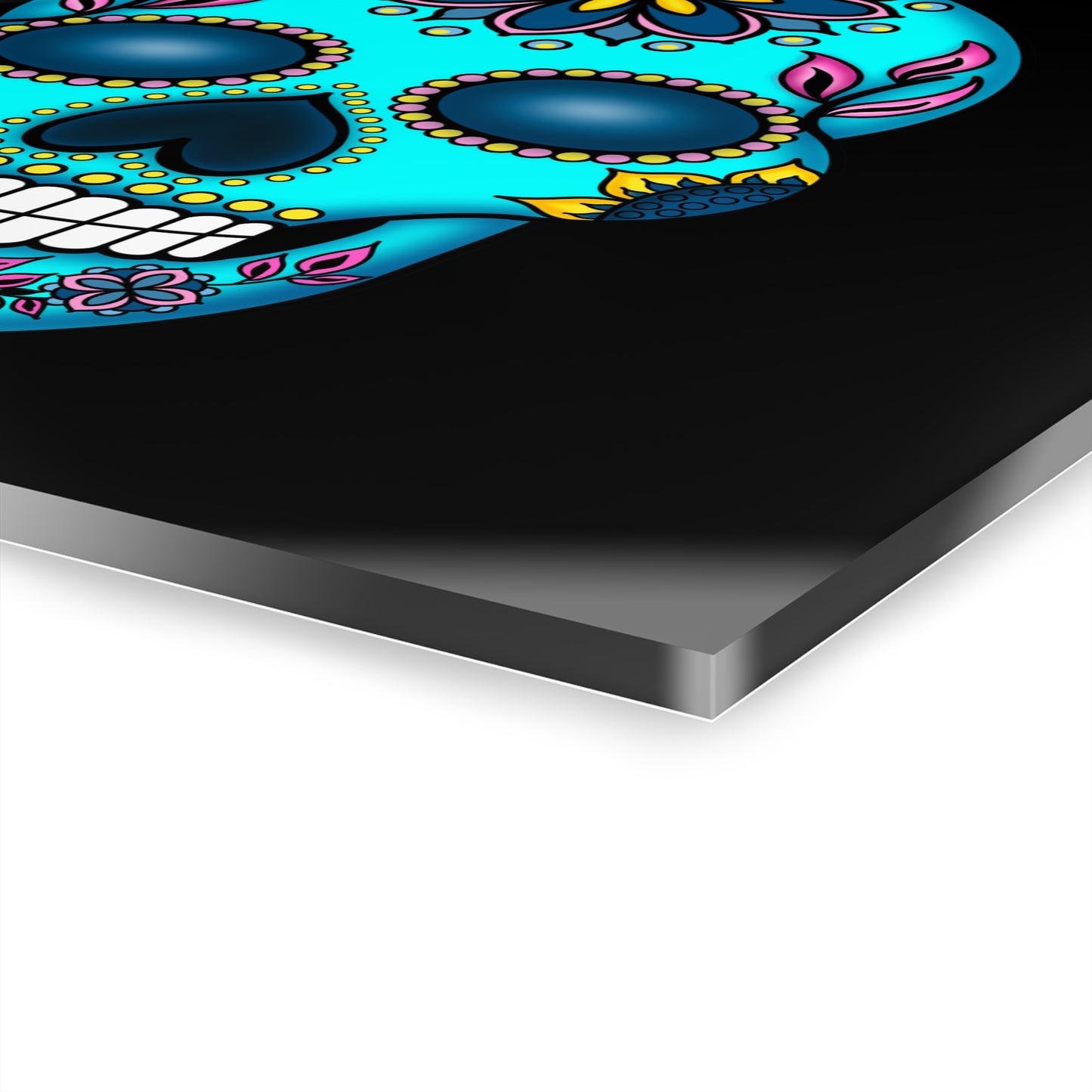 Sugar Skull Acrylic Wall Art Aqua— Vibrant Day of the Dead Skull Print (French Cleat)
