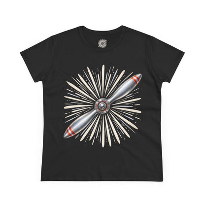Propeller Burst Women's Tee — Vintage Airplane Graphic Cotton Shirt