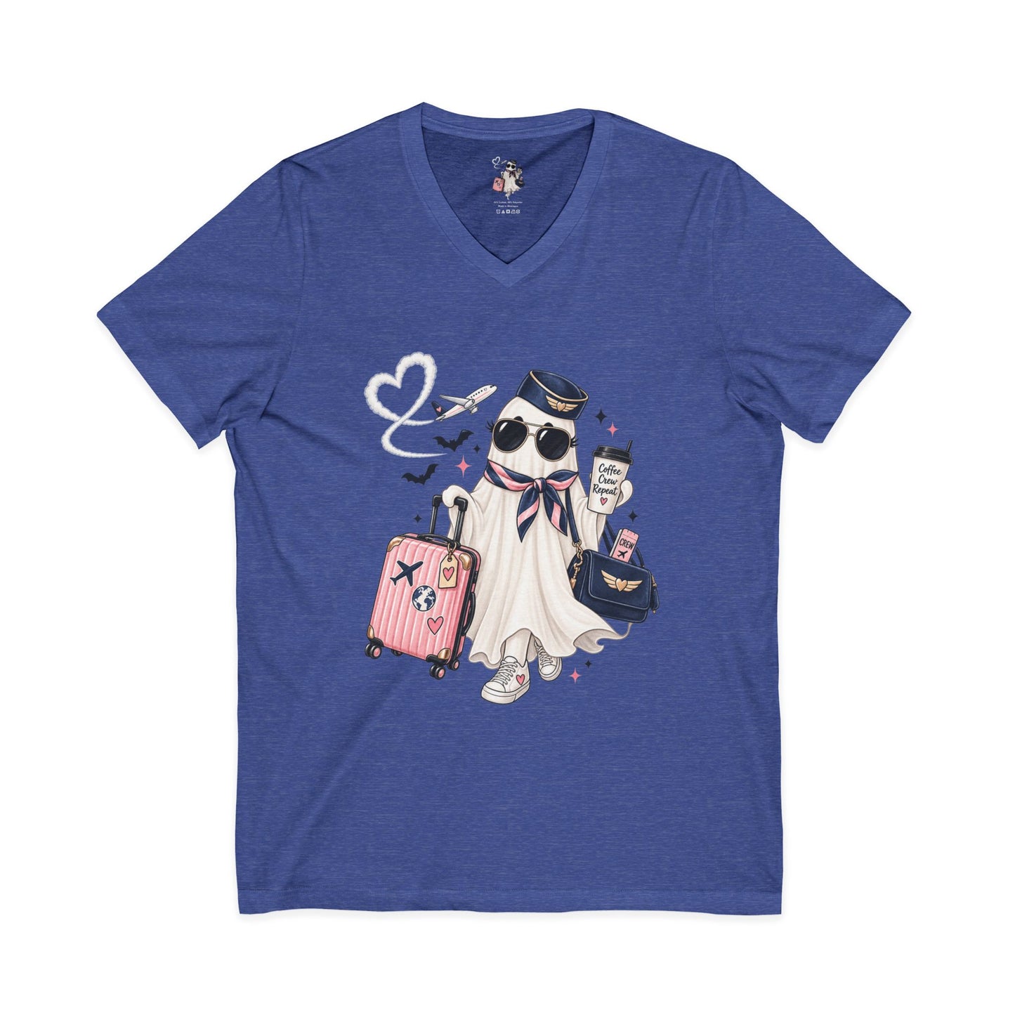 Travel Ghost V-Neck Tee — Cute Flight Attendant Ghost with Luggage Graphic