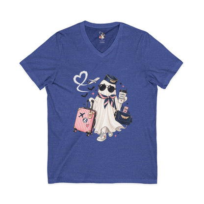 Travel Ghost V-Neck Tee — Cute Flight Attendant Ghost with Luggage Graphic