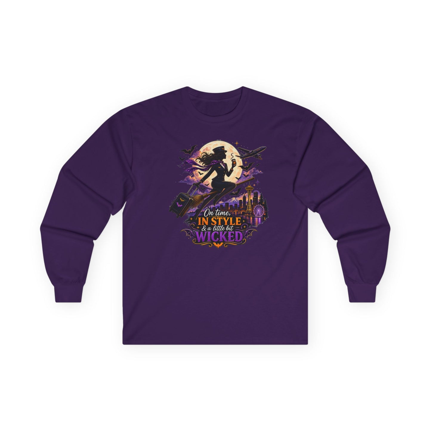 Long Sleeve Tee — 'In Time, In Style, Wicked' Halloween Witch Moon Graphic