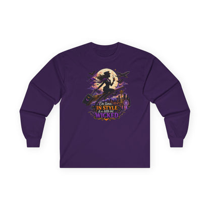 Long Sleeve Tee — 'In Time, In Style, Wicked' Halloween Witch Moon Graphic