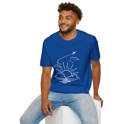 Sunrise Flight T-Shirt | Airplane, Clouds, Sunburst Line Art