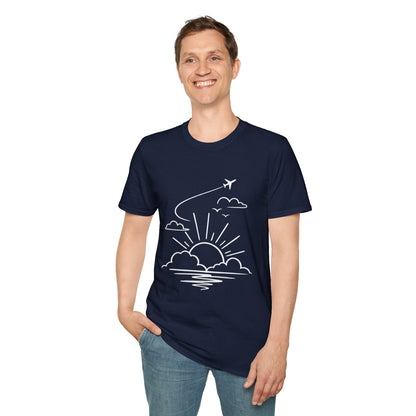 Sunrise Flight T-Shirt | Airplane, Clouds, Sunburst Line Art