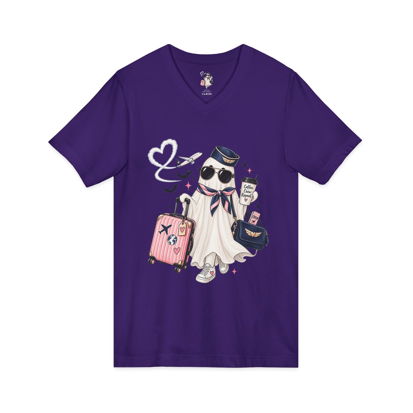 Travel Ghost V-Neck Tee — Cute Flight Attendant Ghost with Luggage Graphic
