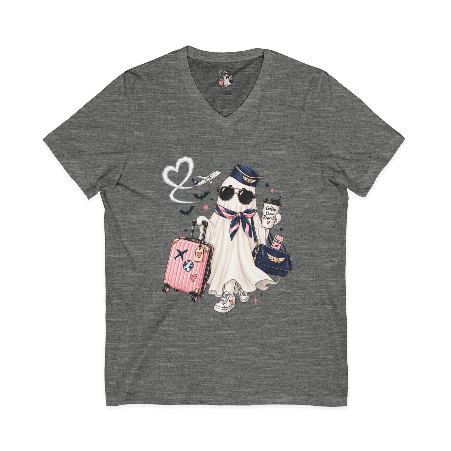 Travel Ghost V-Neck Tee — Cute Flight Attendant Ghost with Luggage Graphic