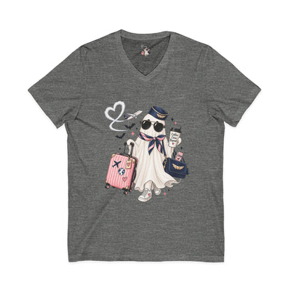 Travel Ghost V-Neck Tee — Cute Flight Attendant Ghost with Luggage Graphic