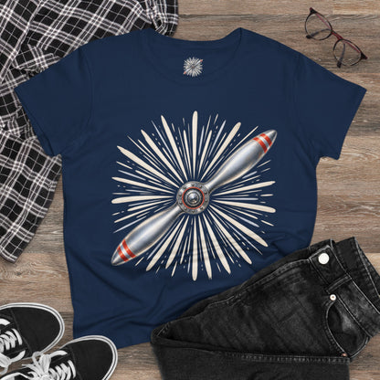 Propeller Burst Women's Tee — Vintage Airplane Graphic Cotton Shirt