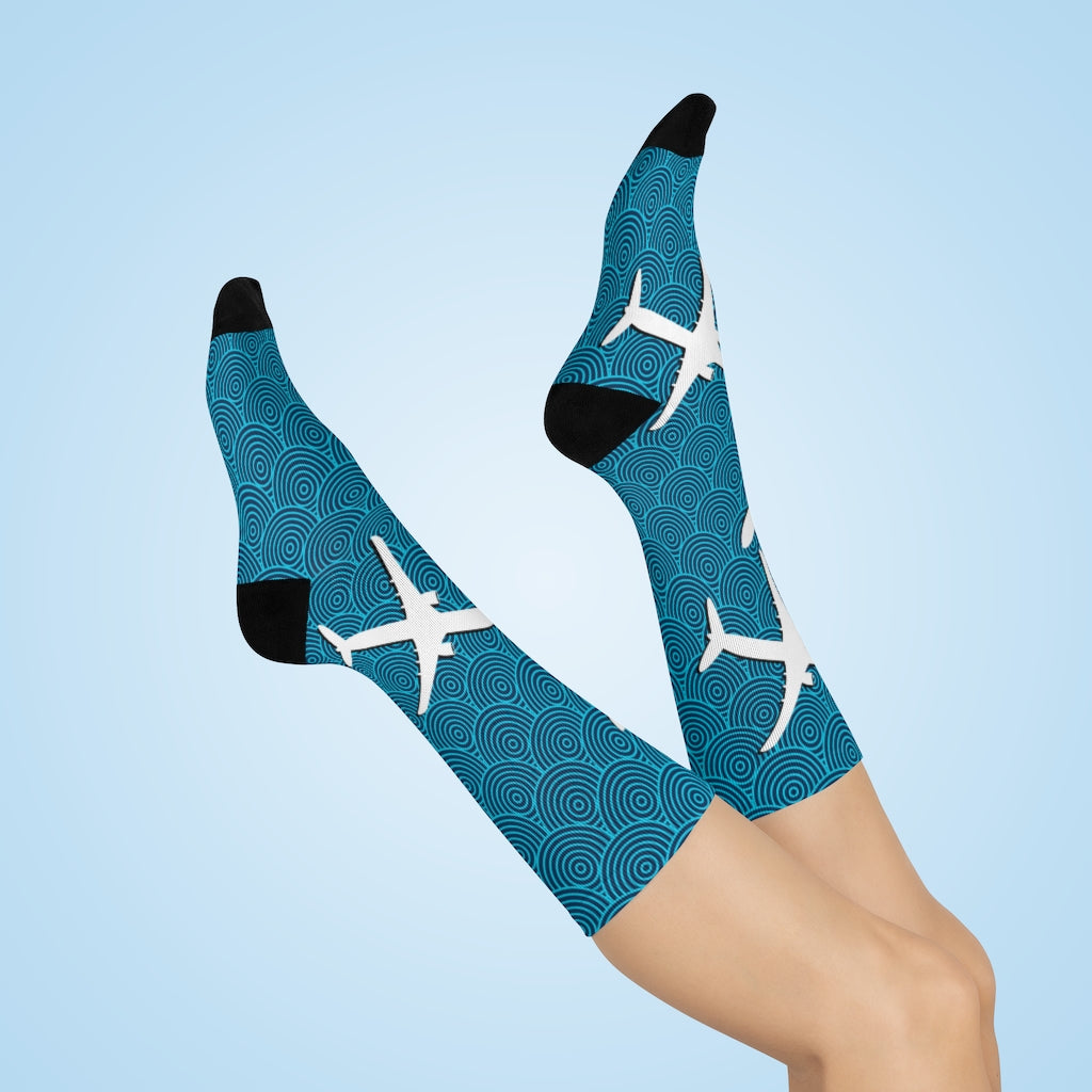 Planes and Aqua swirls DTG Crew Socks