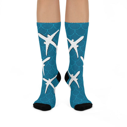 Planes and Aqua swirls DTG Crew Socks