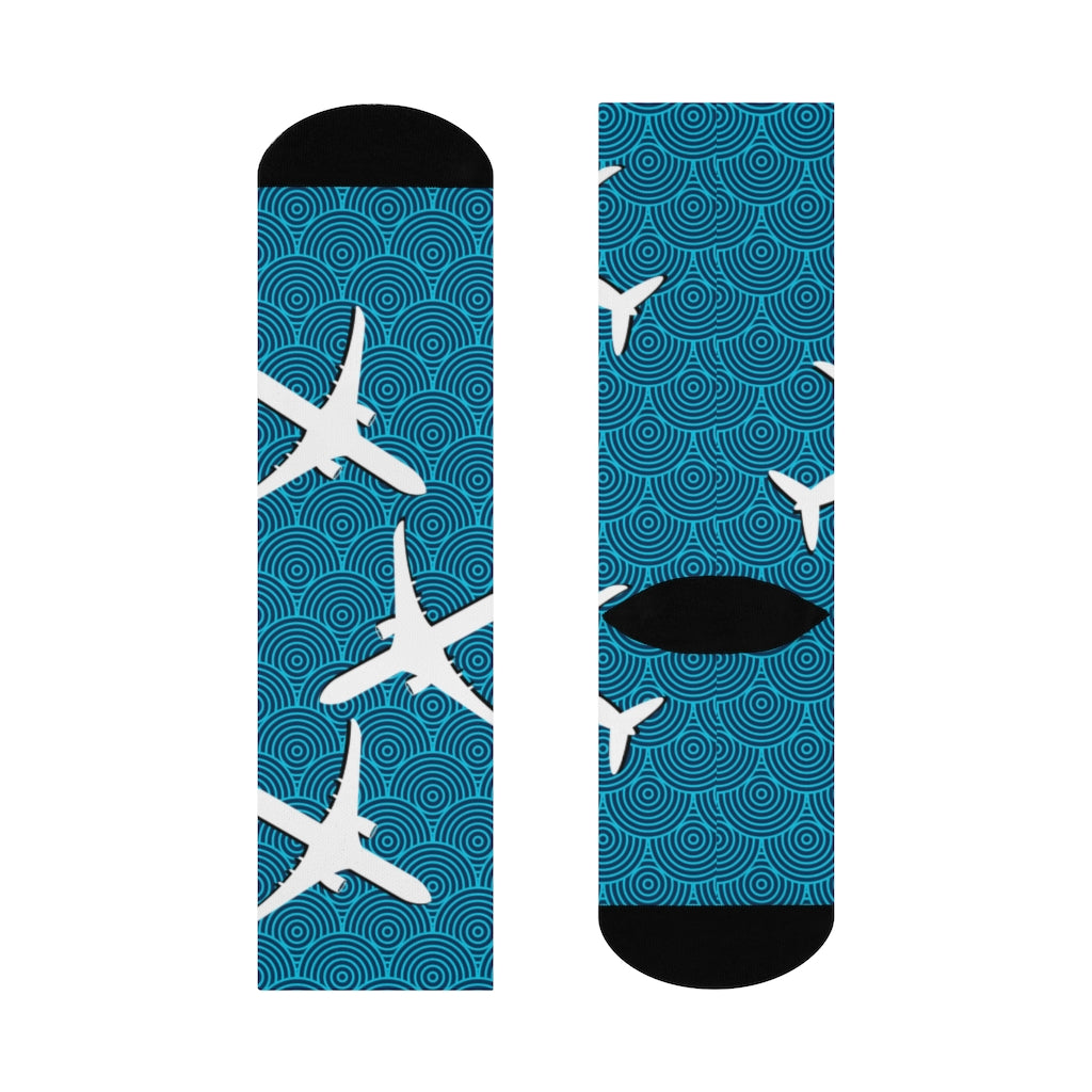 Planes and Aqua swirls DTG Crew Socks